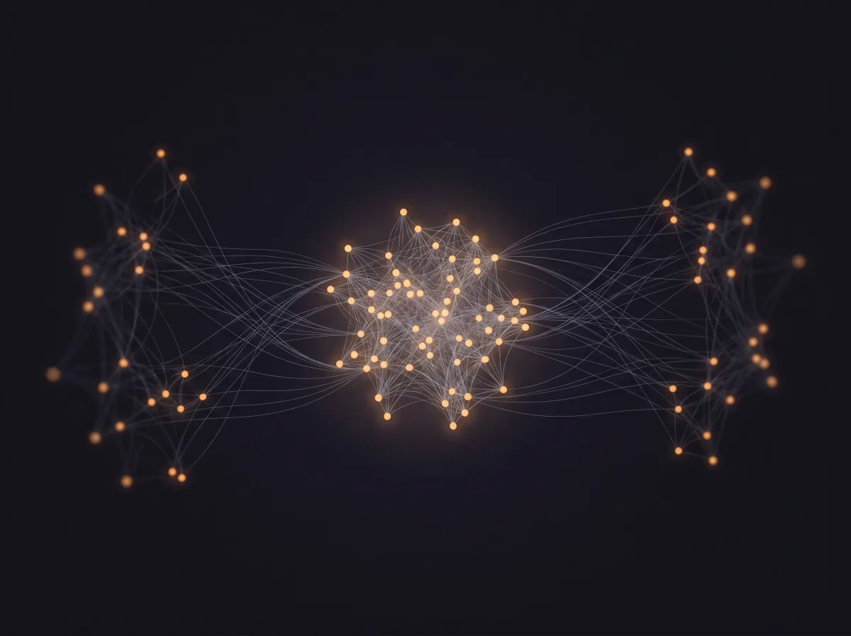 Separate pictures of a product converging into one shared, luminous map